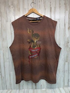Harley Davidson Sleeveless Sweatshirt 2XL Brown Snake Graphic Biker Tank